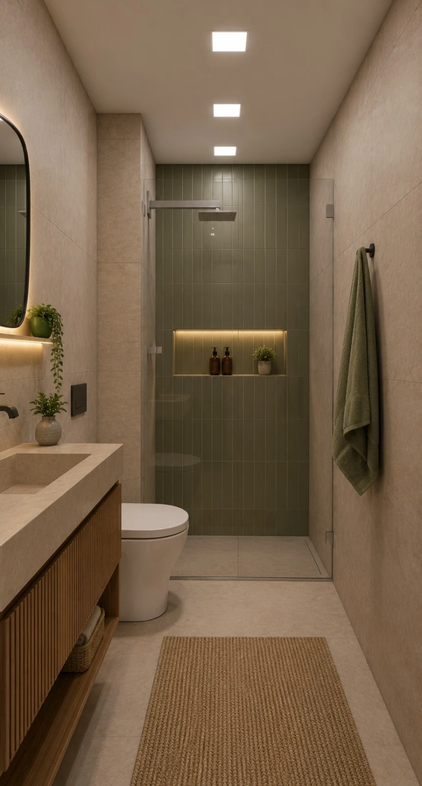 Banheiro LVA: marcenaria ripada, box com revestimento verde e nicho iluminado