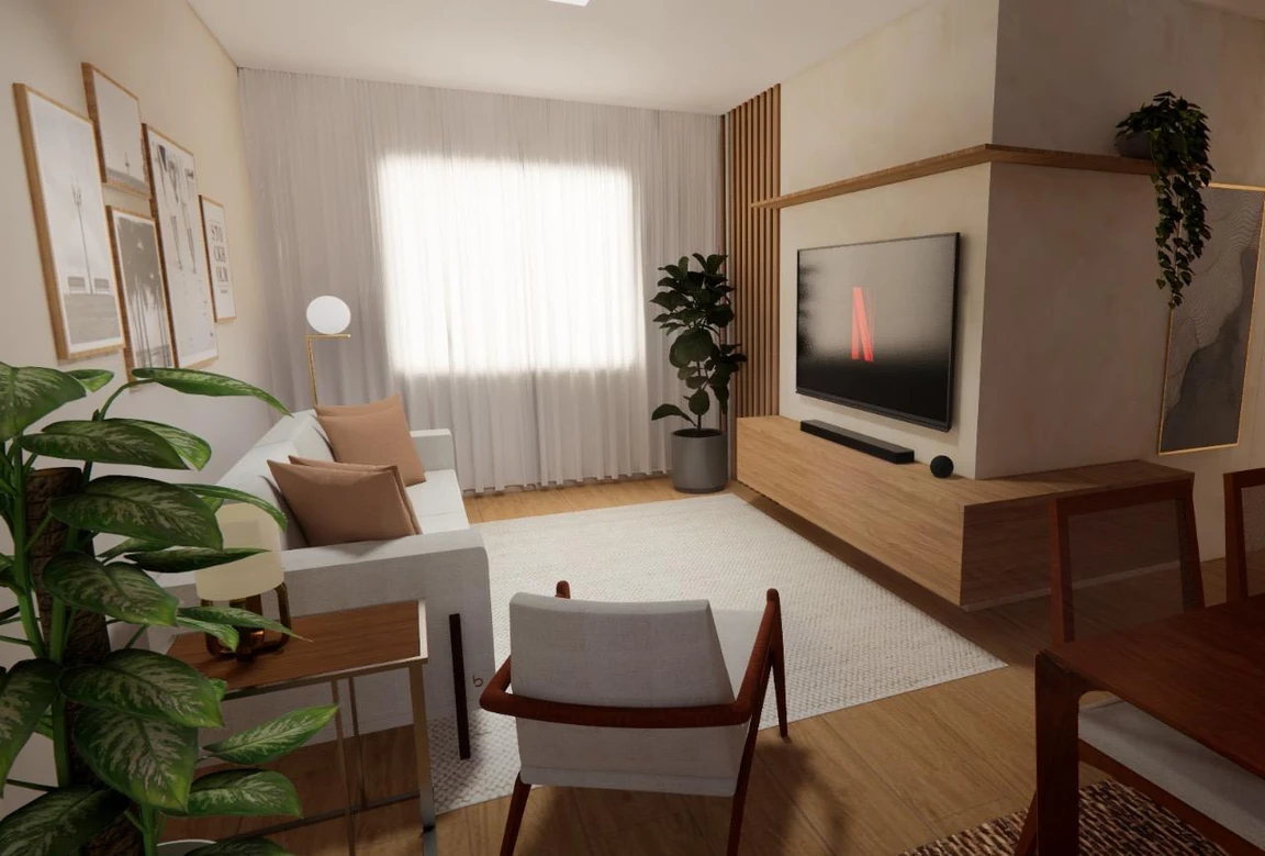 Visualização do projeto autoral AP Jabaquara: sala acolhedora com madeira, plantas e tons claros